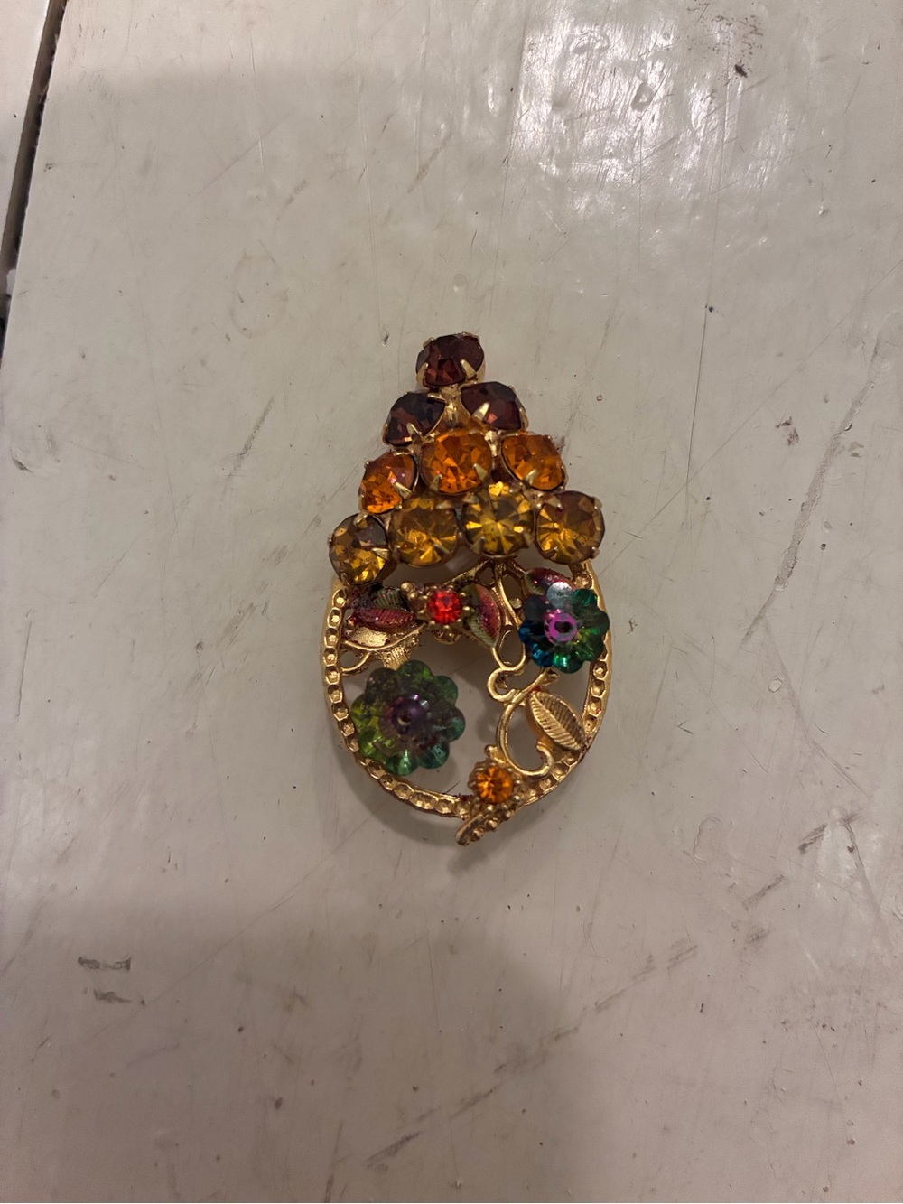 Vintage Multicolor Crystal Flower Basket Brooch